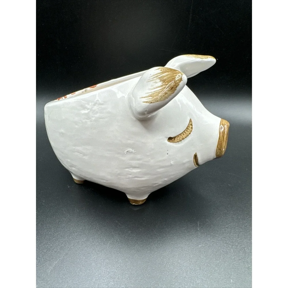 Vintage Napcoware Happy Piggy Planter with Rooster Design Succulent Kitsch White